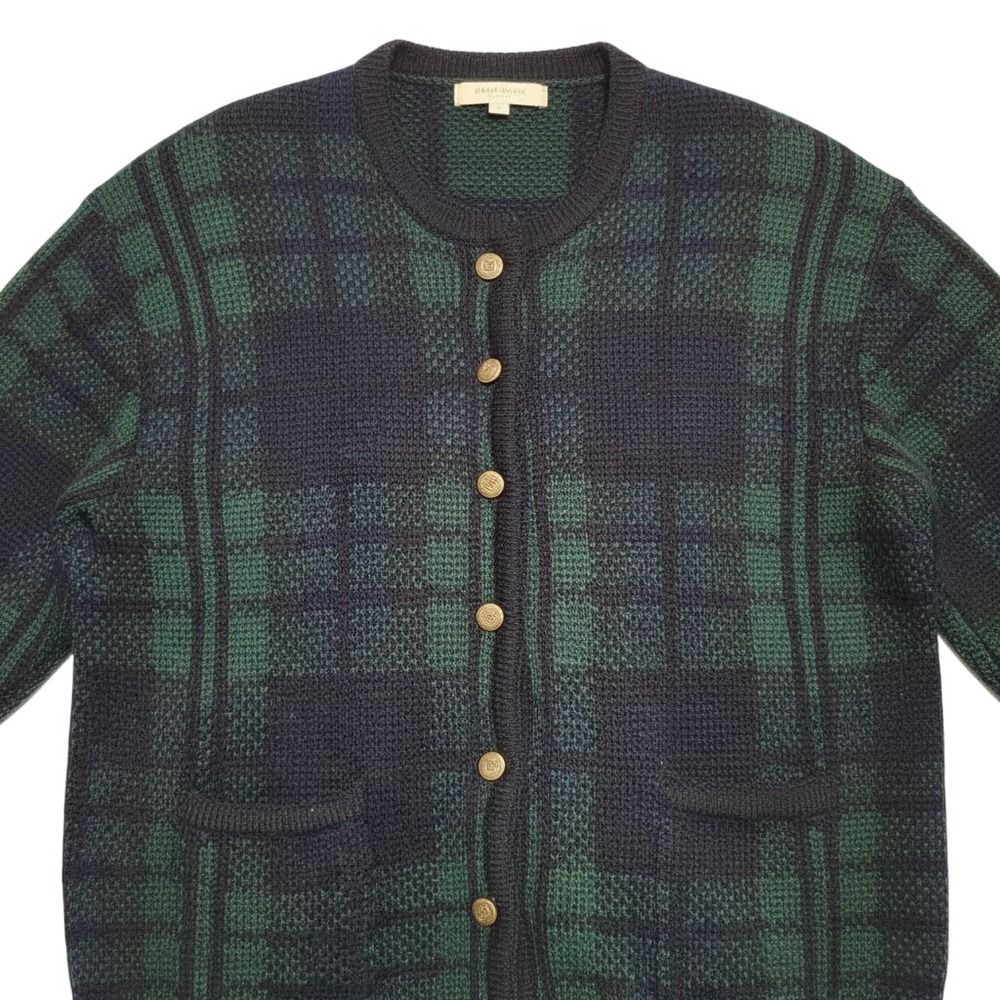Tally-Ho Vintage Green Plaid Cardigan S Knit Button Front Pockets Retro Grunge